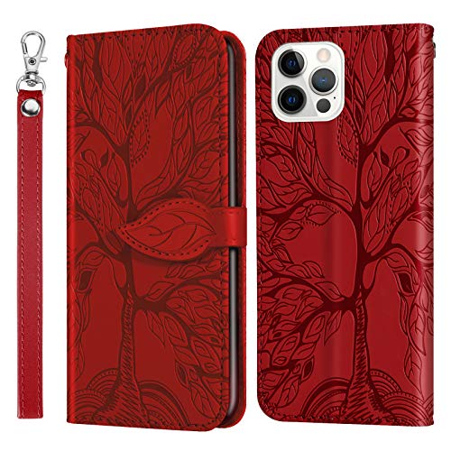 Rostsant Handyhülle für iPhone 13 Pro Max Geprägter Baum PU Leder Hülle Brieftasche Tasche Hülle für iPhone 13 Pro Max - Rot von Rostsant