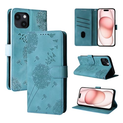 Rostsant Handyhülle für iPhone 15 6.1 Zoll Löwenzahn PU Leder iPhone 15 6.1 Flip Case Brieftasche Tasche Hülle Magnetisch Handyhülle für iPhone 15 6.1 Zoll Blau von Rostsant