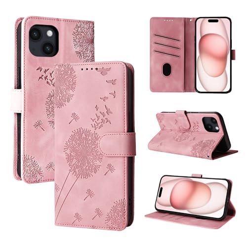 Rostsant Handyhülle für iPhone 15 6.1 Zoll Löwenzahn PU Leder iPhone 15 6.1 Flip Case Brieftasche Tasche Hülle Magnetisch Handyhülle für iPhone 15 6.1 Zoll Roségold von Rostsant