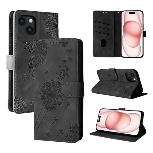 Rostsant Handyhülle für iPhone 15 6.1 Zoll Löwenzahn PU Leder iPhone 15 6.1 Flip Case Brieftasche Tasche Hülle Magnetisch Handyhülle für iPhone 15 6.1 Zoll Schwarz von Rostsant