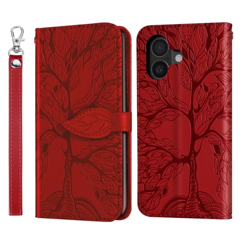 Rostsant Handyhülle für iPhone 16 Geprägter Baum PU Leder iPhone 16 Flip Case Brieftasche Tasche Hülle für iPhone 16 Rot von Rostsant