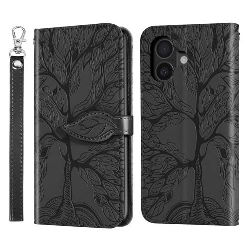 Rostsant Handyhülle für iPhone 16 Geprägter Baum PU Leder iPhone 16 Flip Case Brieftasche Tasche Hülle für iPhone 16 Schwarz von Rostsant