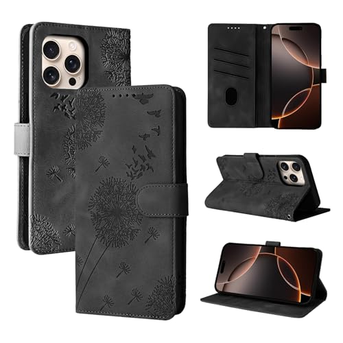 Rostsant Handyhülle für iPhone 16 Pro Löwenzahn PU Leder iPhone 16 Pro Flip Case Brieftasche Tasche Hülle Magnetisch Handyhülle für iPhone 16 Pro Schwarz von Rostsant