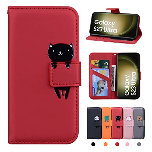 Rostsant Samsung Galaxy S23 Ultra Handyhülle PU Leder Samsung S23 Ultra Brieftasche Flip Case Stehfunktion Magnetic Closure Hülle für Samsung Galaxy S23 Ultra 5G - Rote Katze von Rostsant