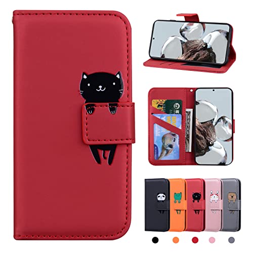 Rostsant Xiaomi 12T / Xiaomi 12T Pro 5G Hülle PU Leder Brieftasche Mi 12T Schutzhülle Stehfunktion Magnetic Closure Handyhülle für Xiaomi Mi 12T Pro 5G / Mi 12T 5G - Rote Katze von Rostsant