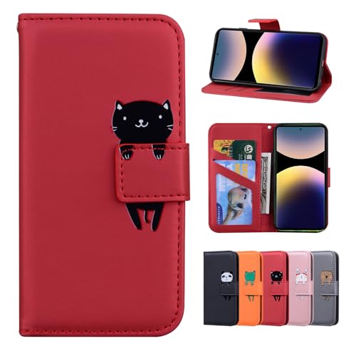 Rostsant Xiaomi Redmi Note 14 Pro 4G Hülle PU Leder Brieftasche Schutzhülle Stehfunktion Magnetic Closure Handyhülle für Xiaomi Redmi Note 14 Pro 4G Rote Katze von Rostsant