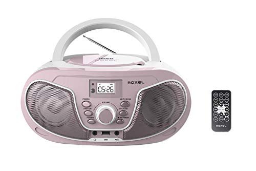 Roxel RCD-S70BT Tragbarer Boombox-CD-Player mit Bluetooth, Fernbedienung, FM-Radio, USB-MP3-Wiedergabe, 3,5 mm AUX-Eingang, Kopfhöreranschluss, LED-Anzeige (Pink) von Roxel