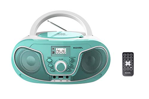 Roxel RCD-S70BT Tragbarer Boombox CD-Player mit Bluetooth, Fernbedienung, FM-Radio, USB-MP3-Wiedergabe, 3,5 mm AUX-Eingang, Kopfhöreranschluss, LED-Display (Blaugrün) von Roxel