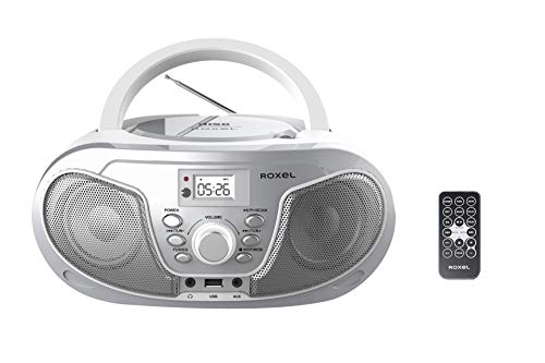 Roxel RCD-S70BT Tragbarer Boombox CD-Player mit Bluetooth, Fernbedienung, FM-Radio, USB-MP3-Wiedergabe, 3,5 mm AUX-Eingang, Kopfhöreranschluss, LED-Display (Silber) von Roxel