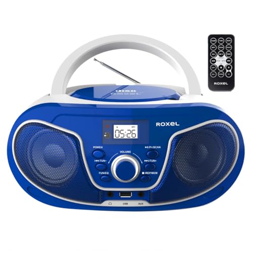Roxel RCD-S70BT Tragbarer Boombox CD-Player mit Fernbedienung, FM-Radio, USB-MP3-Wiedergabe, 3,5 mm AUX-Eingang, Kopfhöreranschluss, LED-Display, kabelloses Musik-Streaming (blau) von Roxel