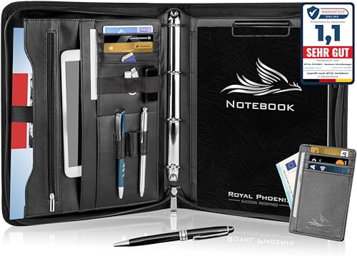 Royal Phoenix® Business Schreibmappe A4 'Hawk' - Hochwertige Ringbuchmappe mit Reißverschluss - inkl. Kreditkartenetui + weiteren EXTRAS - Arbeitsmappe aus hochwertigem Kunstleder in Schwarz von Royal Phoenix