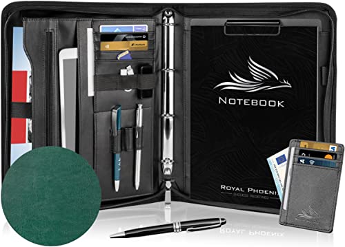 Royal Phoenix® Business Schreibmappe A4 'Hawk' - Hochwertige Ringbuchmappe mit Reißverschluss - inkl. Kreditkartenetui + weiteren EXTRAS - Arbeitsmappe aus hochwertigem Kunstleder in Smaragdgrün von Royal Phoenix