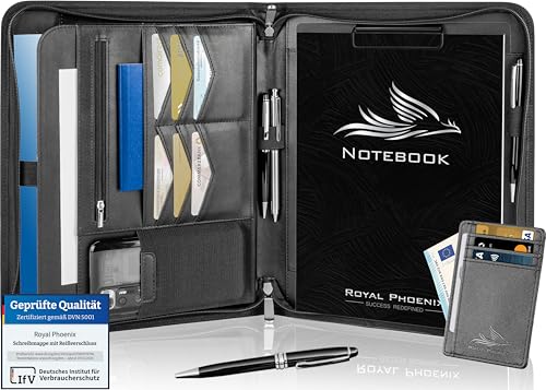 Royal Phoenix® Business Schreibmappe A4 'Raven' - Hochwertige Konferenzmappe mit Doppel Reißverschluss - inkl. Kreditkartenetui + weiteren EXTRAS - Arbeitsmappe aus hochwertigem Kunstleder Schwarz von Royal Phoenix