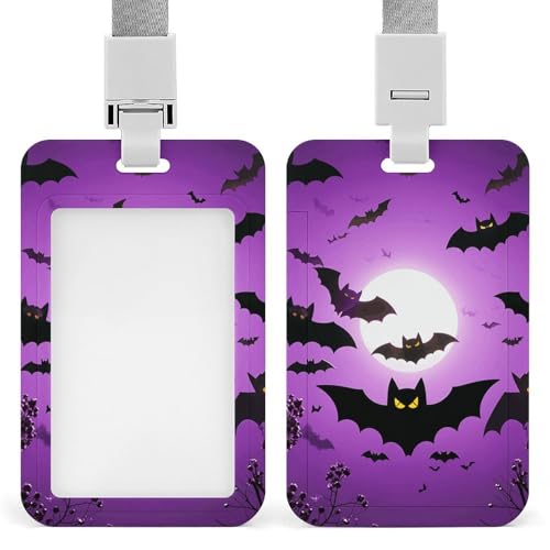 Halloween Flying Purple Fledermäuse Ausweishalter Professioneller vertikaler Ausweishalter mit Umhängeband, wasserdichte ID-Karten-Schutzhülle für Büro, transparenter Ausweishalter für Halloween Flying Purple Fledermäuse Ausweishalter Professioneller vertikaler Ausweishalter mit Umhängeband, wasserdichte ID-Karten-Schutzhülle für Büro, transparenter Ausweishalter für von Rrtsmsgh