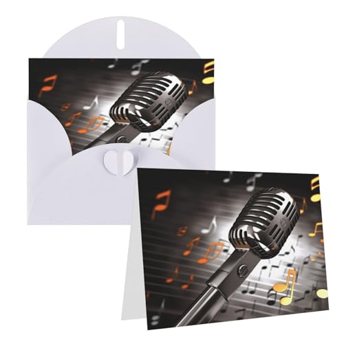 Rrtsmsgh Grußkarten Mikrofon mit Musiknoten Blanko-Grußkarten mit Umschlägen für alle Gelegenheitskarten, Freundschafts-Jubiläumskarten von Rrtsmsgh