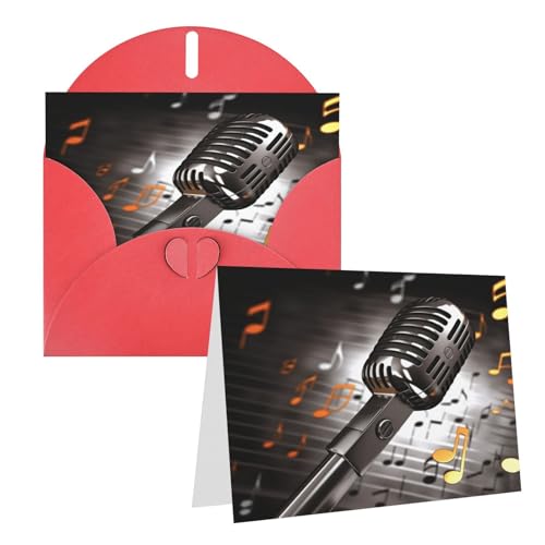 Rrtsmsgh Grußkarten Mikrofon mit Musiknoten Blanko-Grußkarten mit Umschlägen für alle Gelegenheitskarten, Freundschafts-Jubiläumskarten von Rrtsmsgh