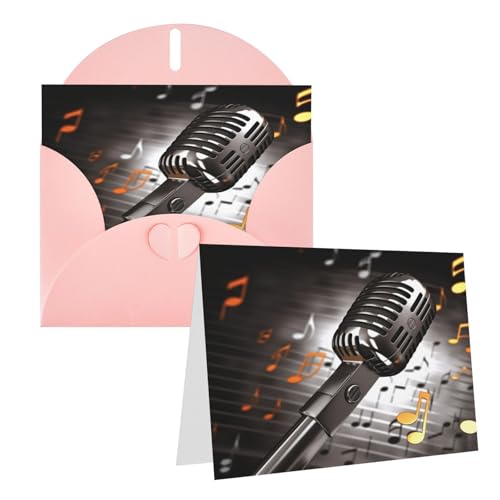 Rrtsmsgh Grußkarten Mikrofon mit Musiknoten Blanko-Grußkarten mit Umschlägen für alle Gelegenheitskarten, Freundschafts-Jubiläumskarten von Rrtsmsgh