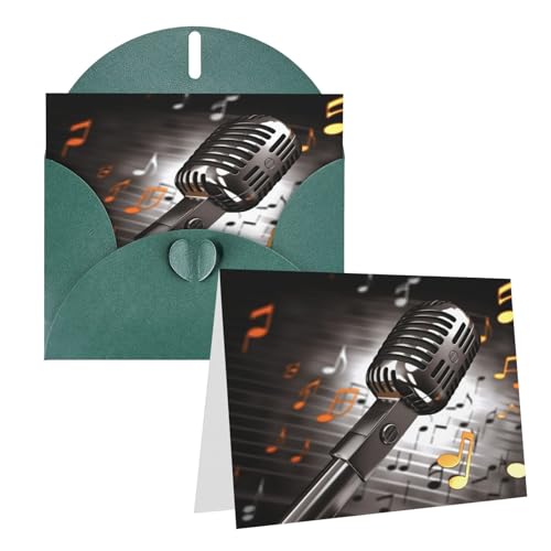 Rrtsmsgh Grußkarten Mikrofon mit Musiknoten Blanko-Grußkarten mit Umschlägen für alle Gelegenheitskarten, Freundschafts-Jubiläumskarten von Rrtsmsgh