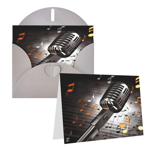Rrtsmsgh Grußkarten Mikrofon mit Musiknoten Blanko-Grußkarten mit Umschlägen für alle Gelegenheitskarten, Freundschafts-Jubiläumskarten von Rrtsmsgh