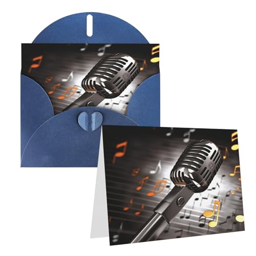 Rrtsmsgh Grußkarten Mikrofon mit Musiknoten Blanko-Grußkarten mit Umschlägen für alle Gelegenheitskarten, Freundschafts-Jubiläumskarten von Rrtsmsgh
