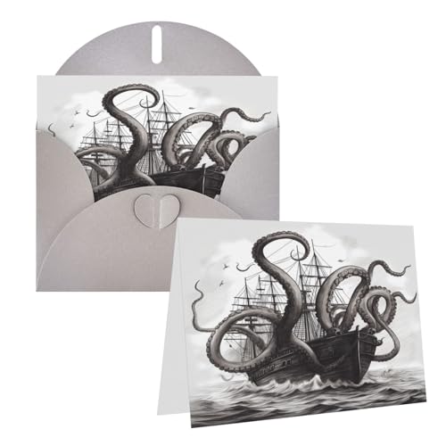 Rrtsmsgh Grußkarten Schwarz-Weiß-Oktopus und Schiff, Blanko-Grußkarten mit Umschlägen für alle Gelegenheiten, Freundschaftskarten, Jubiläumskarten von Rrtsmsgh