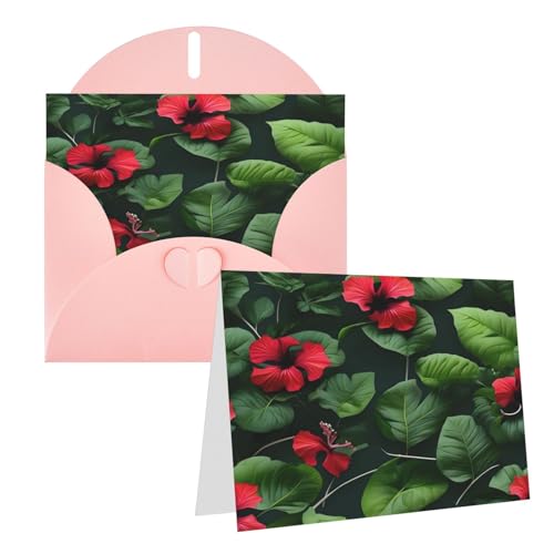 Rrtsmsgh Grußkarten Vegetationsblätter mit Hibiskusblüten Blanko-Grußkarten mit Umschlägen für alle Gelegenheitskarten, Freundschafts-Jubiläumskarten von Rrtsmsgh