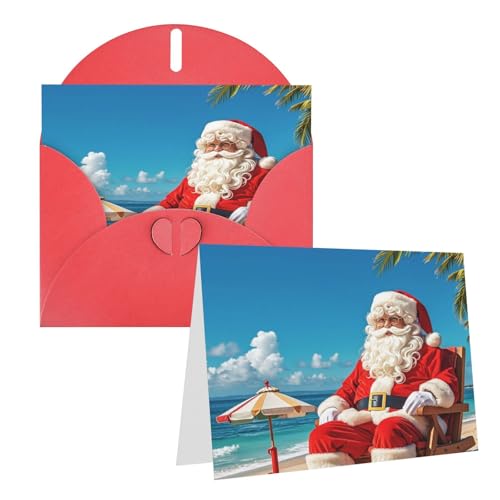 Rrtsmsgh Grußkarten Weihnachtsmann am Strand Blanko Grußkarten mit Umschlägen für alle Gelegenheitskarten, Freundschafts-Jubiläumskarten von Rrtsmsgh