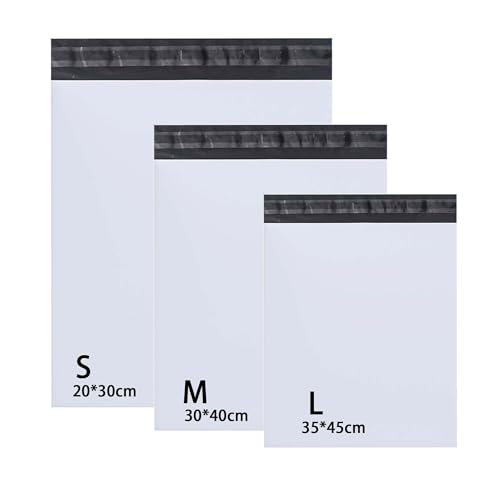 Rshuhx Versandbeutel Plastik Versandtaschen 20cm*30cm/ 30cm*40cm/ 35cm*45cm Versandtüten für Kleidung Kleine Schuhbox Hemd und Pullover Selbstklebend und Blickdicht (3 Tailles Mixed 30pcs Weiß) von Rshuhx