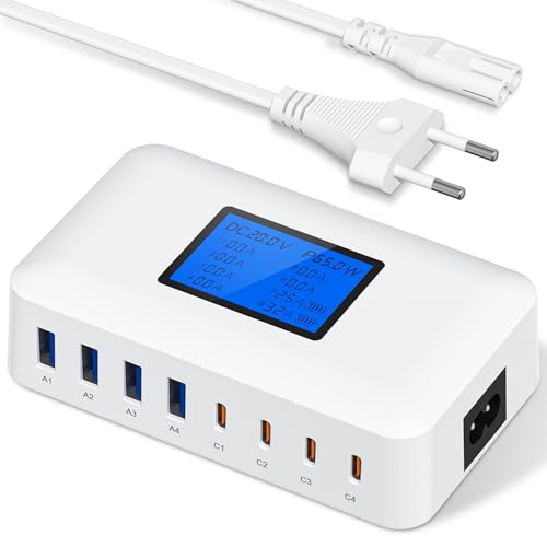 200W USB C Ladegerät Mehrfach – 8-Port USB C Netzteil, USB Ladestation mit LCD Bildschirm, PD 65W Schnellladegerät für MacBook, iPad, iPhone 16/15/14/13 Pro/Max sowie Samsung S24/S23 – Weiß von Rsydmny