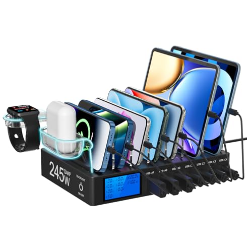 Rsydmny Ladestation Mehrere Geräte, 245W 7-Port-Handy Ladestation mit LCD-Anzeige, 100W PD USB C Schnellladegerät, für iPad, iPhone, Android, Tablet und andere elektronische Geräte（Ohne Ladekabel） von Rsydmny