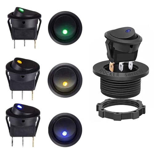 Ruayia 6 Stück Kippschalter 20 A 12 v, Beleuchtet Wasserdicht Wippschalter mit LED Licht für Auto Marine Boot Beleuchtet KFZ Yacht (Gelb/Grün/Blau) von Ruayia