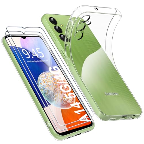 Ruayia Hülle für Samsung Galaxy A14 4G/5G Durchsichtig mit 2 Stück Panzer Schutz Glas, Handyhülle Ultra Dünn Stoßfest Leicht Silikon Weiche TPU Transparent Schutzhülle Case Cover - 6.6" - Klar von Ruayia