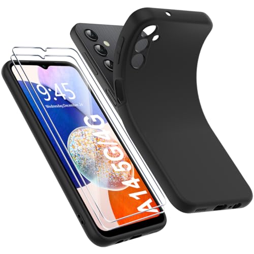 Ruayia Hülle für Samsung Galaxy A14 4G/5G mit 2 Stück Panzer Schutz Glas, Handyhülle Ultra Dünn Leicht Silikon Weiche TPU Schutzhülle Stoßfest Case Cover - 6.6" - Matt Schwarz von Ruayia