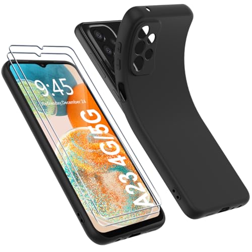 Ruayia Hülle für Samsung Galaxy A23 4G/5G mit 2 Stück Panzer Schutz Glas, Handyhülle Ultra Dünn Leicht Silikon Weiche TPU Schutzhülle Stoßfest Case Cover - 6.6" - Matt Schwarz von Ruayia