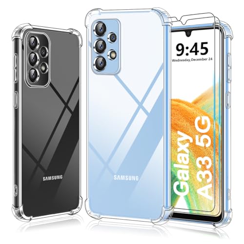 Ruayia Hülle für Samsung Galaxy A33 5G Transparent mit 2 Stück Panzer Schutz Glas, Handyhülle Silikon Stoßfest Kratzfest Fallschutz Dünne TPU Weiche Schutzhülle Case - 6.4" - Klar von Ruayia