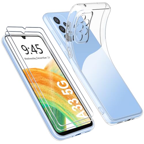 Ruayia Hülle für Samsung Galaxy A33 5G Transparent mit 2 Stück Panzer Schutz Glas, Handyhülle Ultra Dünn Leicht Silikon Weiche TPU Schutzhülle Stoßfest Case Cover - 6.4" - Klar von Ruayia