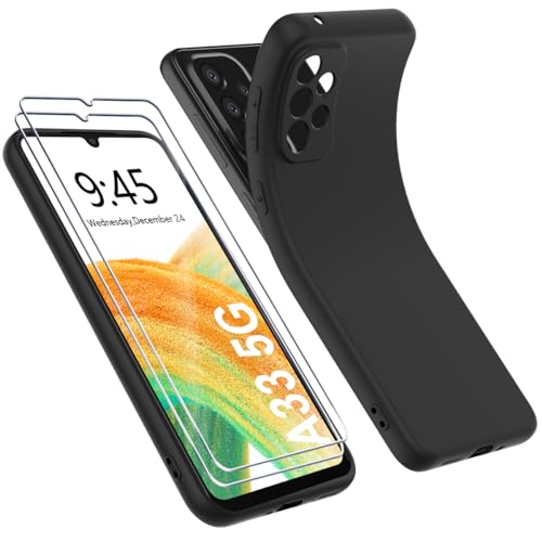 Ruayia Hülle für Samsung Galaxy A33 5G mit 2 Stück Panzer Schutz Glas, Handyhülle Ultra Dünn Leicht Silikon Weiche TPU Schutzhülle Stoßfest Case Cover - 6.4" - Matt Schwarz von Ruayia