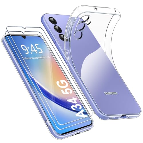 Ruayia Hülle für Samsung Galaxy A34 5G Durchsichtig mit 2 Stück Panzer Schutz Glas, Handyhülle Ultra Dünn Leicht Silikon Weiche Transparent TPU Schutzhülle Stoßfest Case Cover - 6.6" - Klar von Ruayia
