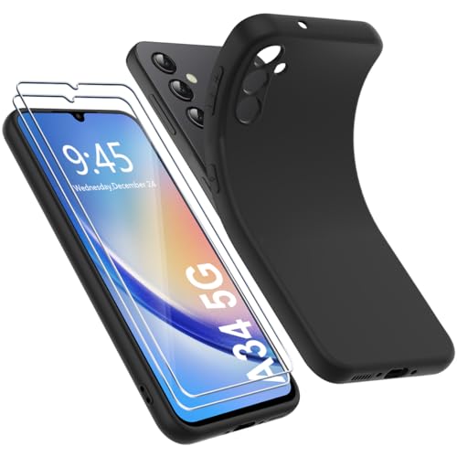 Ruayia Hülle für Samsung Galaxy A34 5G mit 2 Stück Panzer Schutz Glas, Handyhülle Ultra Dünn Leicht Silikon Weiche TPU Schutzhülle Stoßfest Case Cover - 6.6" - Matt Schwarz von Ruayia