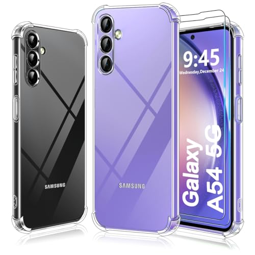 Ruayia Hülle für Samsung Galaxy A54 5G Durchsichtig mit 2 Stück Panzer Schutz Glas, Handyhülle Silikon Stoßfest Kratzfest Fallschutz Dünne Transparent TPU Weiche Schutzhülle Case - 6.4" - Klar von Ruayia