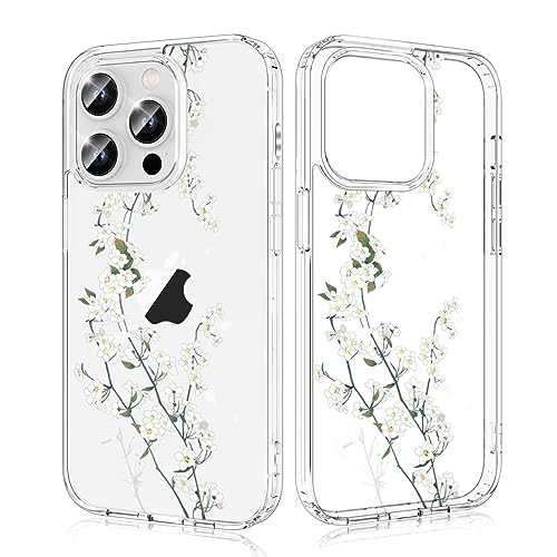 Ruayia für iPhone 14 Pro Hülle, Kirschbaum Weiß Floral Flower Design Transparent Silikon Aesthetic Handyhülle Hartschale PC + Stoßfest TPU für Mädchen und Frauen Schutzhülle, 6,1 Zoll von Ruayia