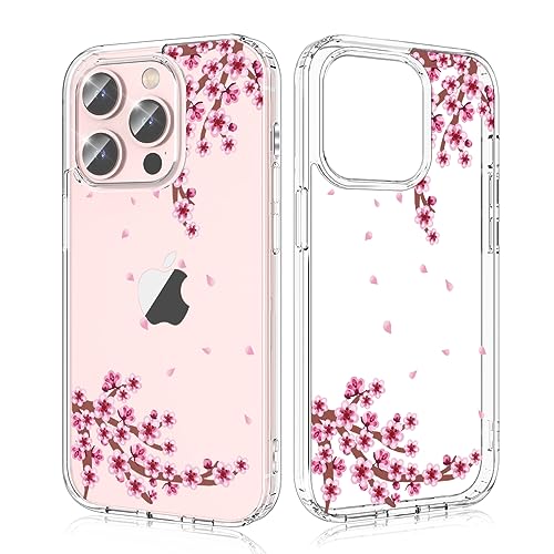 Ruayia für iPhone 14 Pro Hülle Pfirsich Rosa Floral Flower Design Transparent Silikon Aesthetic Handyhülle Hartschale PC + Stoßfest TPU für Mädchen und Frauen Schutzhülle, 6,1 Zoll von Ruayia