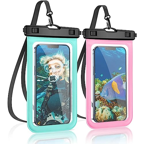 Ruayia wasserdichte Handyhülle - 6,8 Zoll [2 Stück] IPX8 Unterwasser Hülle für Schwimmen, Waterproof Phone Case für iPhone 14 13 12 11 Pro Max, Samsung S22 S21, Huawei - Rosa + Grün von Ruayia