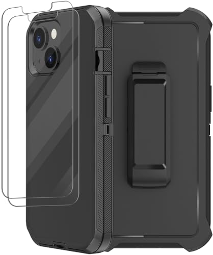 Schutzhülle für iPhone 14 (6,1 Zoll) mit Gürtelclip-Holster, 2 x Displayschutzfolien, strapazierfähig, militärische Qualität, stoßfest, staubdicht, sturzsicher, robuste Schutzhülle für iPhone 14 von RubCase