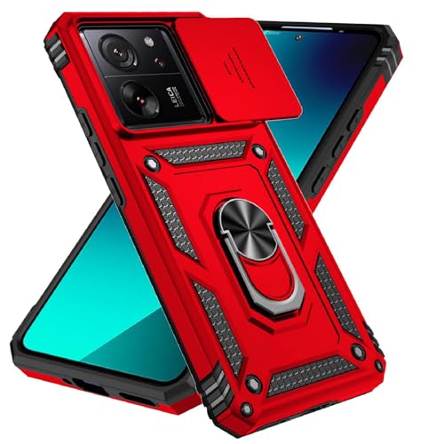 Rubaiiyu für Xiaomi 13T/Xiaomi 13T Pro Kameraschutz Handyhülle,Outdoor Hülle Hybrid Kameraklappe Schutzhülle Militär Standard Cover Case Metall Ring Ständer Halter Handy Hüllen Rot von Rubaiiyu