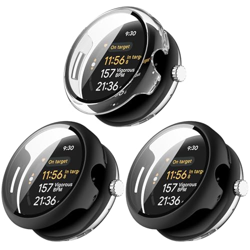 Gehäuse für Google Pixel Watch 3 41 mm Schutzhülle, Hart PC Bumper Hülle mit HD Gehärtetes Displayschutz Folie, Schutzhülle Cover für Pixel Watch 3 41mm (Schwarz*2+Klar) von RuenTech