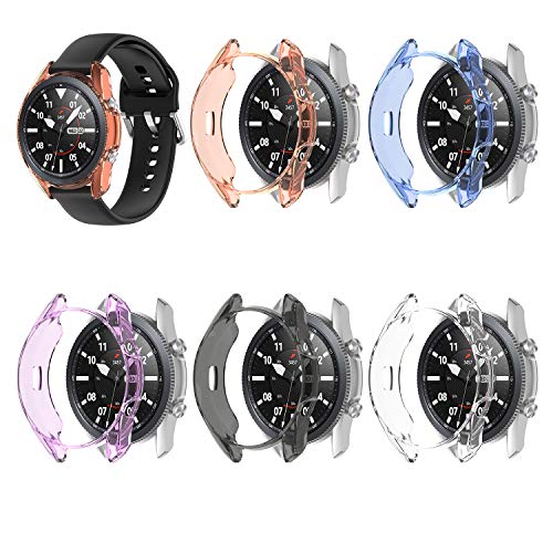 RuenTech Hülle Kompatibel mit Samsung Galaxy Watch 3 45mm Schutzhülle Schutz Hülle Schutzfolie Zubehör Schutzglas TPU Shell Abdeckung Stoßstangenfilmrahmen (schwarz+klar+orange+blau+lila) von RuenTech