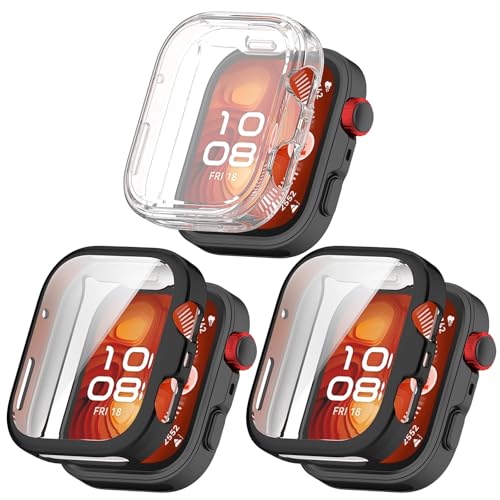 Schutzhülle für Huawei Watch Fit 4 Pro Hülle, Flexibel, TPU, Vollständige Abdeckung, Stoßfest, Kratzfest, Displayschutzfolie, Smartwatch-Zubehör (Schwarz+Schwarz+Klar) von RuenTech