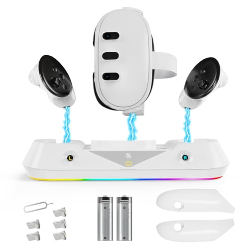 RuiDay Ladestation VR für Meta Quest 3,RGB Beleuchtungsmodus VR Headset Controller Metaquest 3 zubehör,Enthält 2 * 1800mAh Akkus für Meta Quest 3 zubehör,Ladegerät Display Ständer von RuiDay