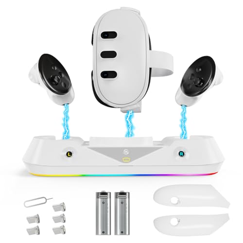 RuiDay Ladestation VR für Meta Quest 3,RGB Beleuchtungsmodus VR Headset Controller Metaquest 3 zubehör,Ladegerät Display Ständer,Enthält 2 * 1800mAh Akkus für Meta Quest 3 zubehör von RuiDay